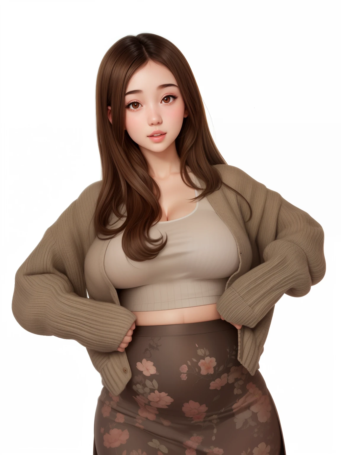 (best quality), big head, (1girl with gigantic breasts:1.3) Soft Girl ,Crop Top , Cardigan , Floral Skirt , Fat Girl , White Pale Skin Tone , Cozy , Positive Vibing , Warming , Fresh , Clean , Sweet Girl , Korean , Fat Belly , Brown Hair , Details, gigantic Breast UHD , 8K