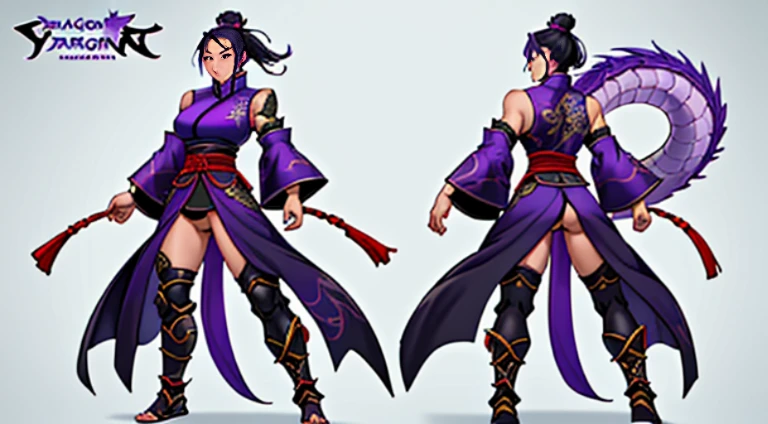 Sexy Asian warrior girl. Black and purple hair. Dragon armor motif. I'm the style of mortal Kombat. Concept art using wing chun martial arts. Show full body. Sex appeal. With Chinese dragon wrapped around her. Dragon made of purple flames. No pants. Black panties.