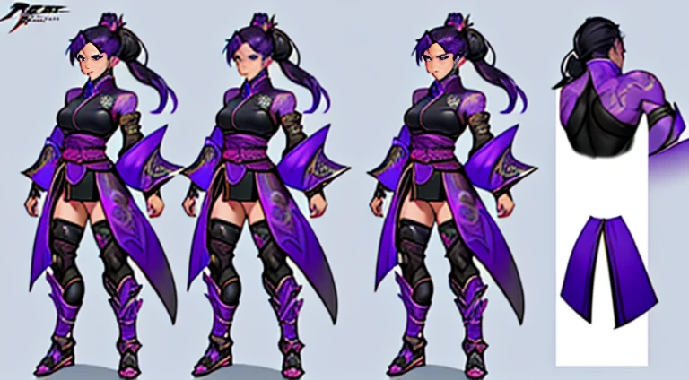 Sexy Asian warrior girl. Black and purple hair. Dragon armor motif. I'm the style of mortal Kombat. Concept art using wing chun martial arts. Show full body. Sex appeal. With Chinese dragon wrapped around her. Dragon made of purple flames. No pants. Black panties.