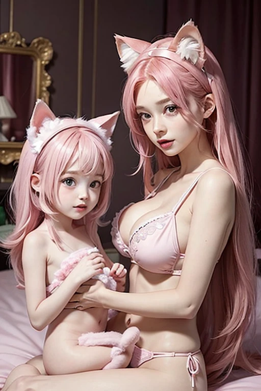 scene in bed, newborn baby with 1 year old with long pink hair (detailed face), in the lap of your older sisters, two 17 year old woman with pink hair with cat ears, pink bikini, big breasts