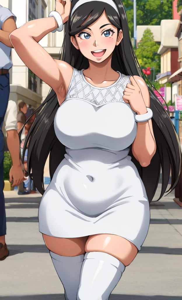 (masterpiece, best quality), detailed, 1girl, solo focus, happy smile, open mouth, kumashiro maya, hairband, white dress, bracelet, black thighhighs BREAK shiny glossy skin, milf, mature women, standing, chubby, plump, looking at viewer