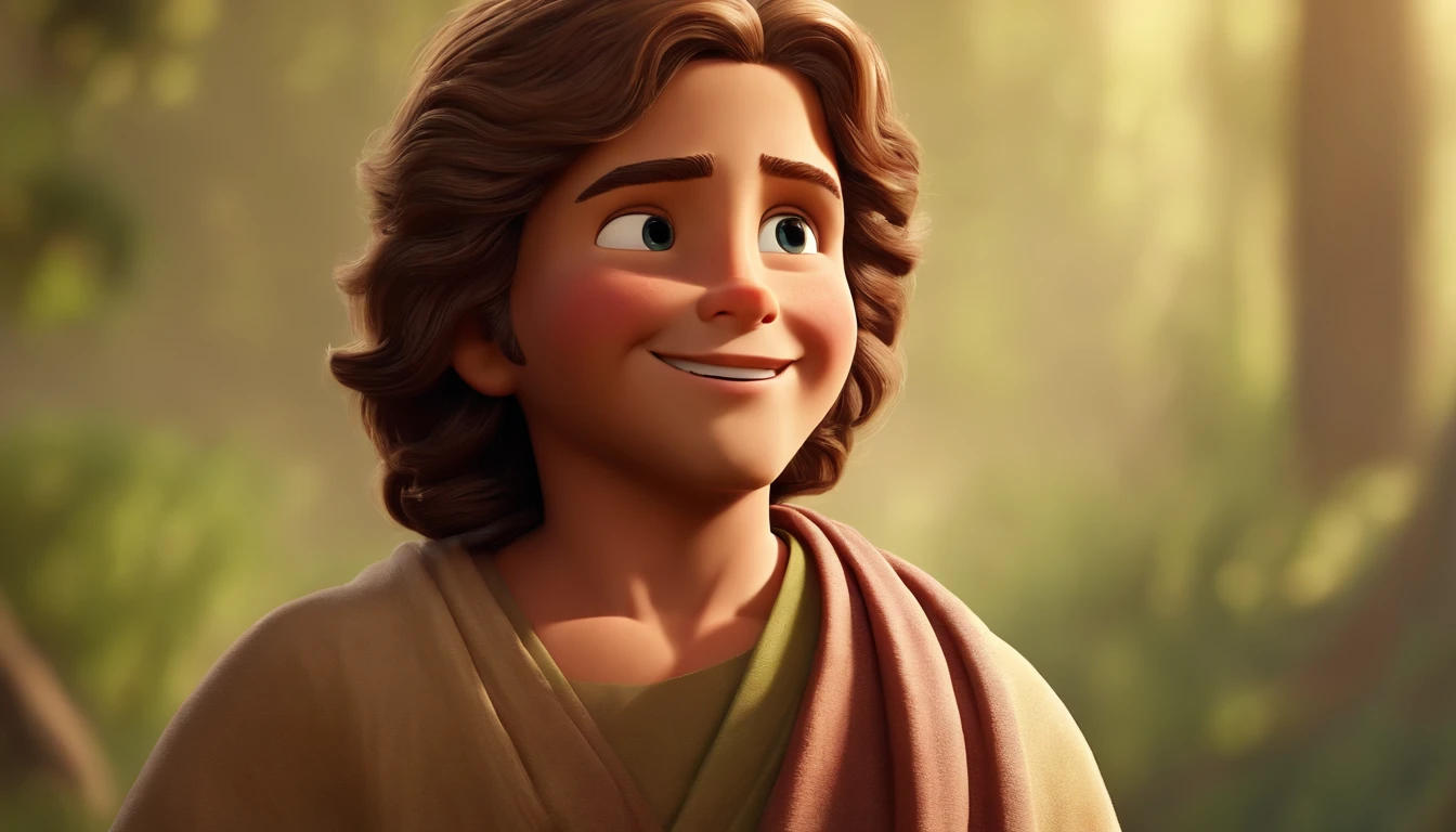 A happy Jesus Christ boy with his hair standing on end, fundo branco, barnet, Tom, Estilo Pixar, ....3d, desenhos animados, rosto detalhado, asymmetrical 16k