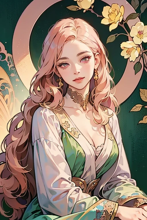 50-year-old woman, middle-aged European, (((MILF))), beautiful alluring noblewoman, (adult face), ((mature woman's face)), full lips, (oval-shaped face), (celestial nose), warm fair skin, small purple eyes, violet doe eyes, very light rose gold hair, pink blonde, pastel pink rose gold hair, very long wavy hair, tareme, long eyelashes, white Rococo fashion-inspired dress with brocade elements, radiant, glowing, luminous, enchanting, elegant, holy, dreamy, romanticism, innocence, serene, compassionate, fine art painting by Yanjun Cheng, Krenz Cushart key art feminine, a character portrait by Oliver Sin and Charlie Bowater, background by James Jean and Alphonse Mucha, ((Alphonse Mucha)), ((intricate detailed)), ((Semi-realistic)), (solo focus), (perfect face:1.1), cleavage, light smile, kind facial expression, ethereal lighting, (high detail:1.1), (((masterpiece))), ((best quality)), fantasy style art, Art Nouveau, full-length portrait, voluptuous body, ((glamour shot full body image)), fullbody illustration, cleavage, sexy clothes, big boobs, low cut dress, showing off legs, wide hips