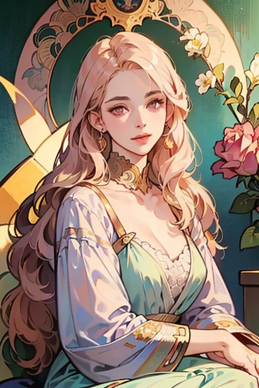 50-year-old woman, middle-aged European, (((MILF))), beautiful alluring noblewoman, (adult face), ((mature woman's face)), full lips, (oval-shaped face), (celestial nose), warm fair skin, small purple eyes, violet doe eyes, very light rose gold hair, pink blonde, pastel pink rose gold hair, very long wavy hair, tareme, long eyelashes, white Rococo fashion-inspired dress with brocade elements, radiant, glowing, luminous, enchanting, elegant, holy, dreamy, romanticism, innocence, serene, compassionate, fine art painting by Yanjun Cheng, Krenz Cushart key art feminine, a character portrait by Oliver Sin and Charlie Bowater, background by James Jean and Alphonse Mucha, ((Alphonse Mucha)), ((intricate detailed)), ((Semi-realistic)), (solo focus), (perfect face:1.1), cleavage, light smile, kind facial expression, ethereal lighting, (high detail:1.1), (((masterpiece))), ((best quality)), fantasy style art, Art Nouveau, full-length portrait, voluptuous body, ((glamour shot full body image)), fullbody illustration, cleavage, sexy clothes