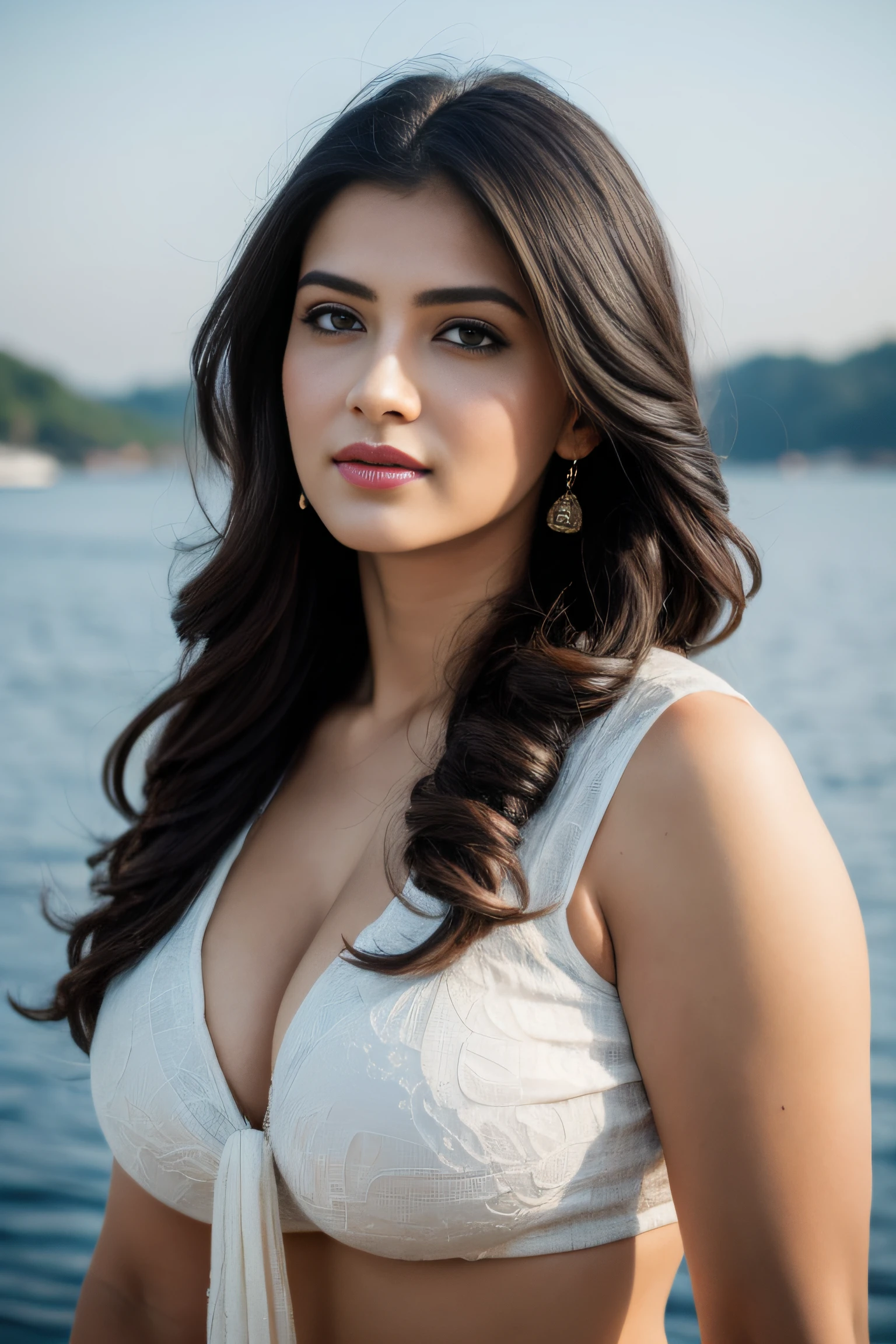 Portrait of A confident-looking indian woman with long flowing hair, hazel eyes, wearing silk saree, jewellery, c-cup breast sitting on boat, ocean background, bokeh perfect composition, hyperrealistic, super detailed, 8k, high quality, trending art, trending on artstation, sharp focus, street photo, intricate details, highly detailed, art by greg rutkowski shirt off