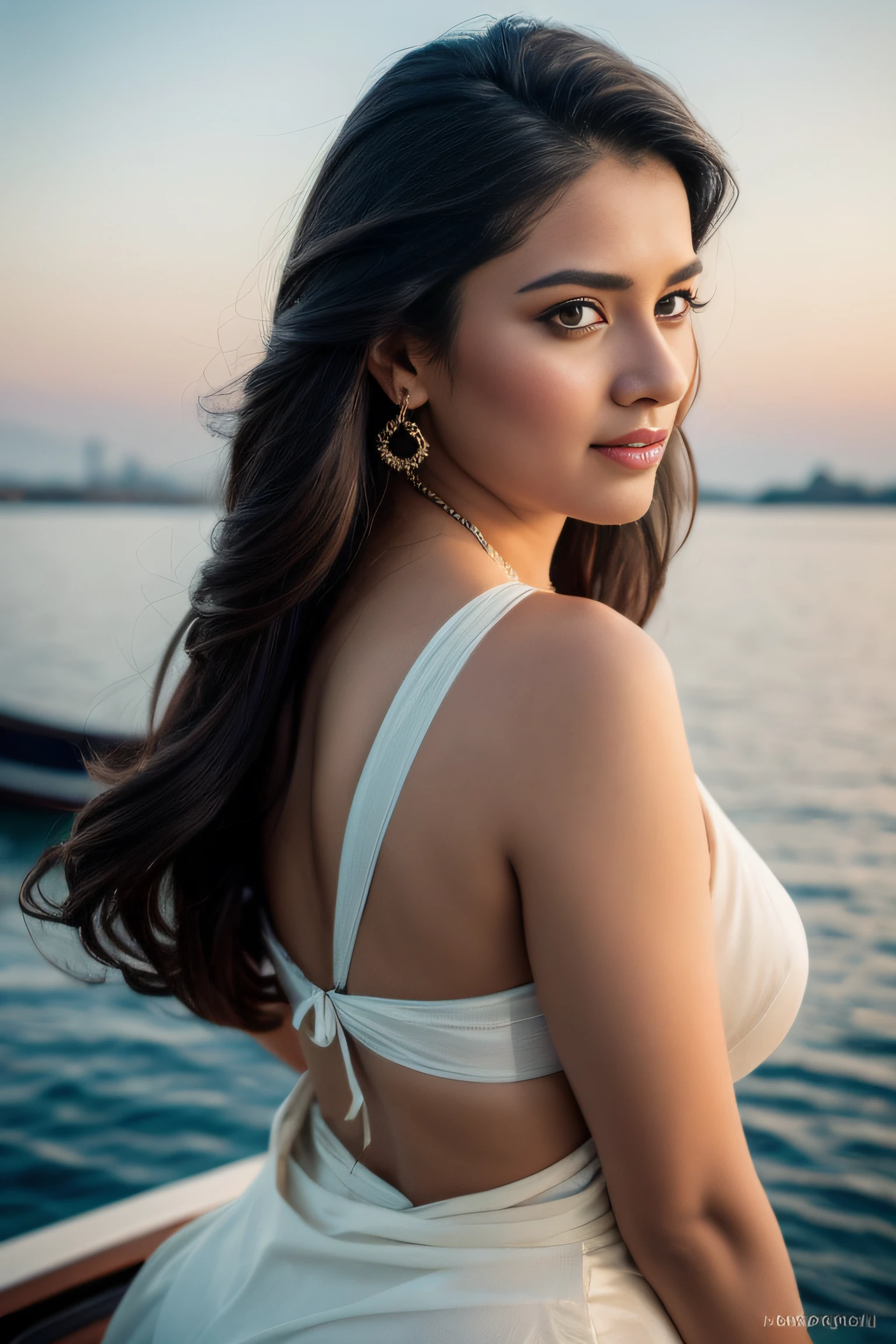 Portrait of A confident-looking indian woman with long flowing hair, hazel eyes, wearing silk saree, jewellery, c-cup breast sitting on boat, ocean background, bokeh perfect composition, hyperrealistic, super detailed, 8k, high quality, trending art, trending on artstation, sharp focus, street photo, intricate details, highly detailed, art by greg rutkowski shirt off