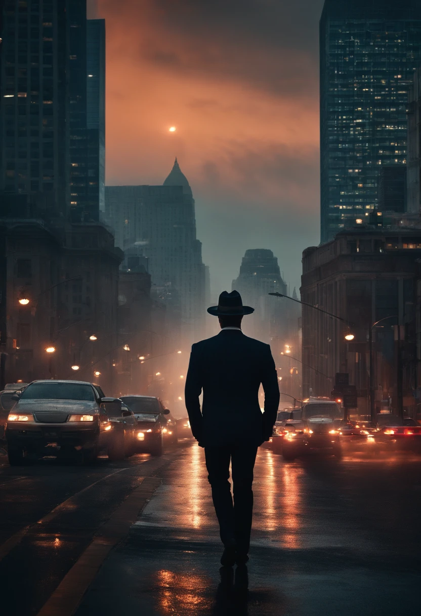 A photo of a stunning city skyline at dusk,original,Overweight, wears fedora, neck beard, bad skin, bloodshot eyes, bad hygiene, greasy hair