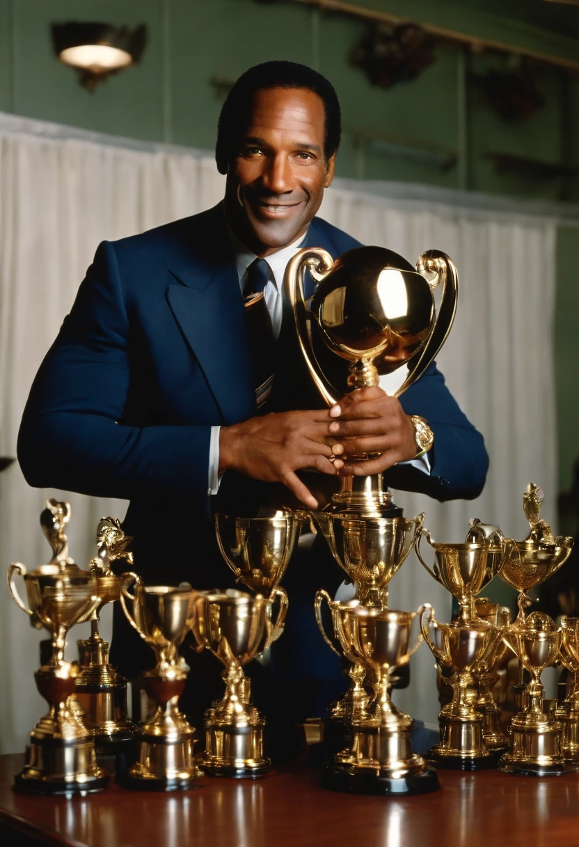 A photo of Simpson standing in front of his football trophies,original,O.J. Simpson, “The Juice”,  a former American football star, had a commanding athletic build, standing at 6’1” with a strong, muscular frame indicative of his years as a professional athlete. His charismatic smile and confident demeanor were recognizable features, making him a familiar and popular figure in the public eye. Simpson maintained a well-groomed appearance, often seen in tailored suits, reflecting his transition from sports to a career in entertainment.