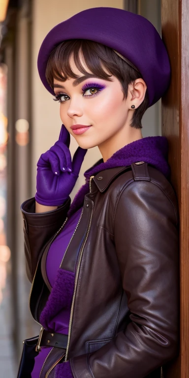 Photo of a -yeld Euean girl, .RAW, beautiful woman,pecas en mejillas ,hermosos ojos azules(Light brown hair pixie haircut),corte de cabello pixie ((retrato)), ((Cara detallada:1.2)), ((Detailed facial features)), (Piel finamente detallada),purple beret , gabardina color lila , abrigo color lila , botas largas abrigadoras , guantes morados , usando pantimedias moradas sexys ,lindo maquillaje, Purple eyeshadows on eyelids ,Un sexy(cool color), humid, humid, Reflectores, (Masutepiece) (proporciones perfectas)(fotos realistas)(La mejor calidad) (Detallado) fotografiado con una EOS R5 de Canon, Lente de 50 mm, f/2.8, NffSW, (8k) (papel tapiz) (cinematic lighting) (Dramatic lighting) (foco nítido) (Enrevesado) , Cheerfully waving to the camera ,mirada seductora