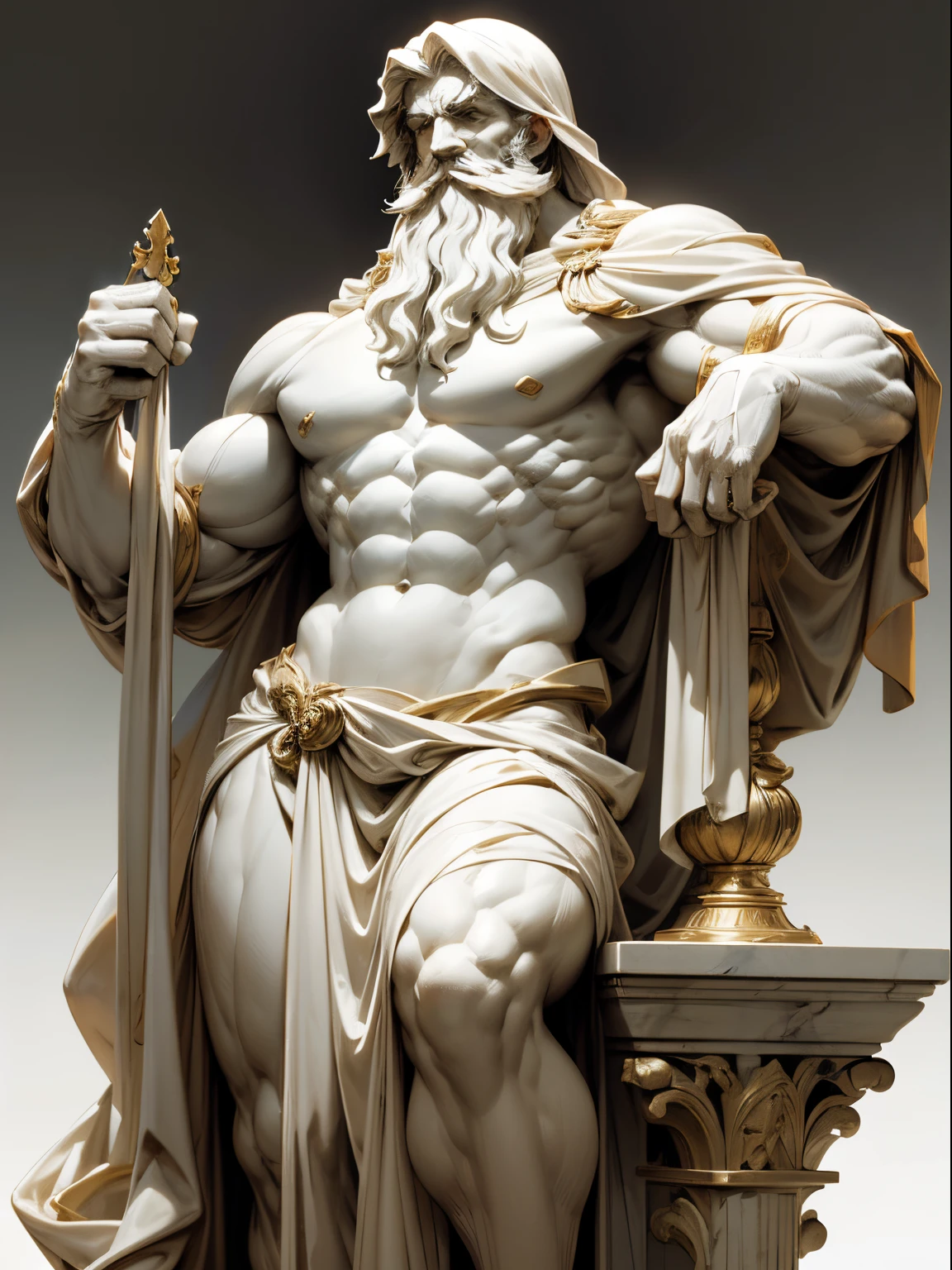 white marble sculpture, Greco-Roman statue, man with exquisite beard, frankness to hide with white cloth, muscular, serious look, symbol of courage, symbol of strength, renaissance or baroque statue, statue material white marble, blank black background without any details [marble statue],[no detail background],[white sculpture]