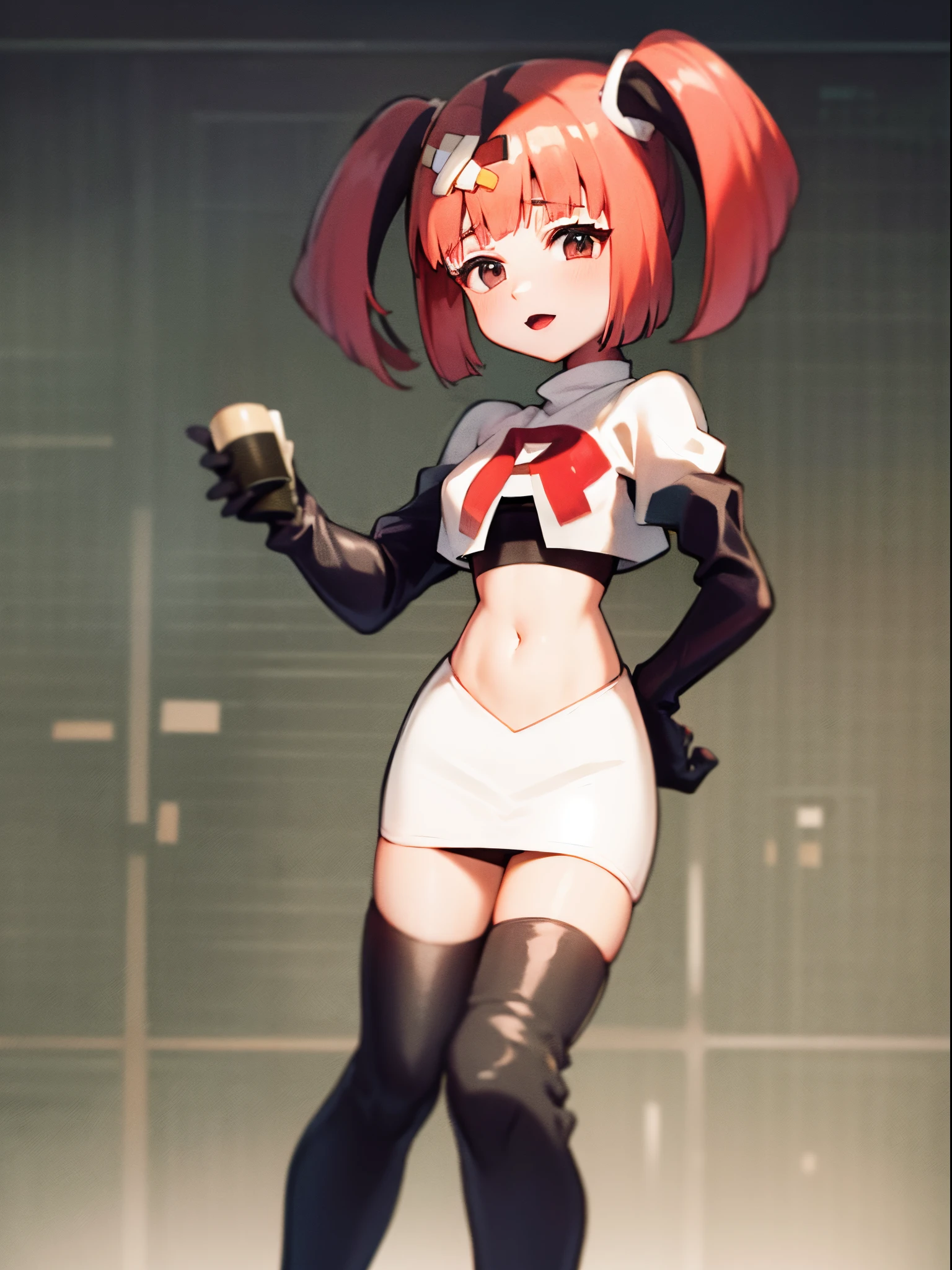 sango, long hair, multicolored hair, medium hair, team rocket,team rocket uniform,white skirt,crop top,black thigh-high boots,black elbow gloves,