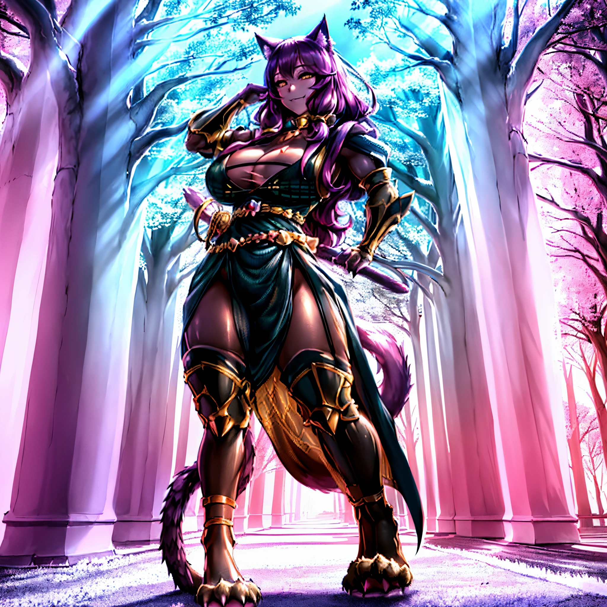 high contrast, (8K UHD:1.2), (photorealistic:1.2),(masterpiece:1.4), (best quality:1.4) highly detailed illustrations, ((1 Girl)) , (super-complex details), (best quality:1.2), colorful, 1girl, solo, demihuman with brown cat fur all over her body, (female tabaxi with a big sword:1.4), commission for high res, d & d style full body portrait, d&d character commission, fullbody commission, female fursona, official character art, full body dnd character portrait, rpg portrait full body, as a dnd character, fursona commission, fursona furry art commission, (cat paws with claws:1.5), forest floor, blue moon, temple area, (vivid colors), charming smile, (dynamic motion:1.1), (sweeping skirt:1.1), (sunny day:1.2), (sparkling sunlight:1.1), (lively atmosphere:1.1), (bright and cheerful background:1.1), (outdoor environment), cherry blossom trees in full bloom, (gentle breeze:1.1), (dancing petals:1.1), (ethereal atmosphere:1.1), (graceful posture:1.1), (captivating performance:1.1), (dreamy ambiance), (light and airy feel:1.1), (joyful mood:1.1), (cinematic, movie-like scene), (artistic composition:1.1), (vibrant energy:1.1), (youthful spirit:1.1), (magical atmosphere), (dreamlike setting:1.1), (fantasy elements:1.1), (enchanted forest:1.1), (mystical aura:1.1), (whimsical touch:1.1), (golden hour lighting:1.1), (soft, warm tones:1.1), (unforgettable moment:1.1), (timeless beauty)