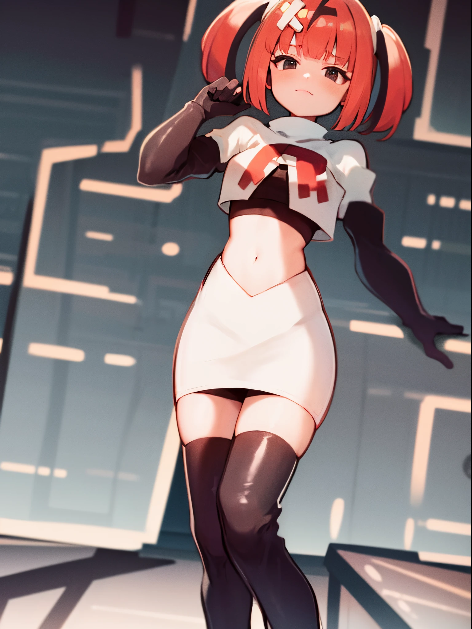 sango, long hair, multicolored hair, medium hair, team rocket,team rocket uniform,white skirt,crop top,black thigh-high boots,black elbow gloves,