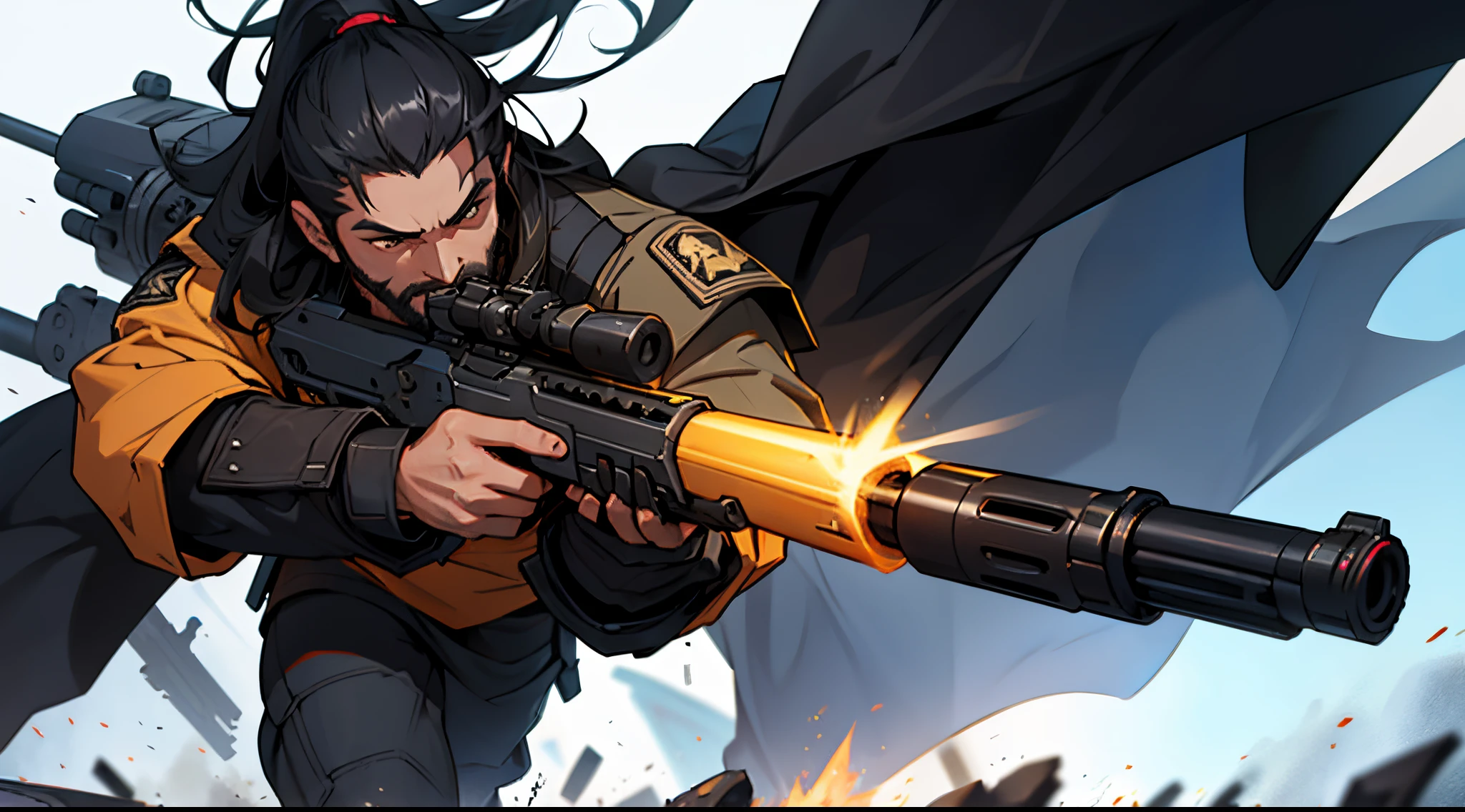 1 Man solo, he has a short black beard and he has long black flowing hair. he is Wearing futuristic clothes with a cape. (Helldivers) Holding a rifle. shooting a gun.