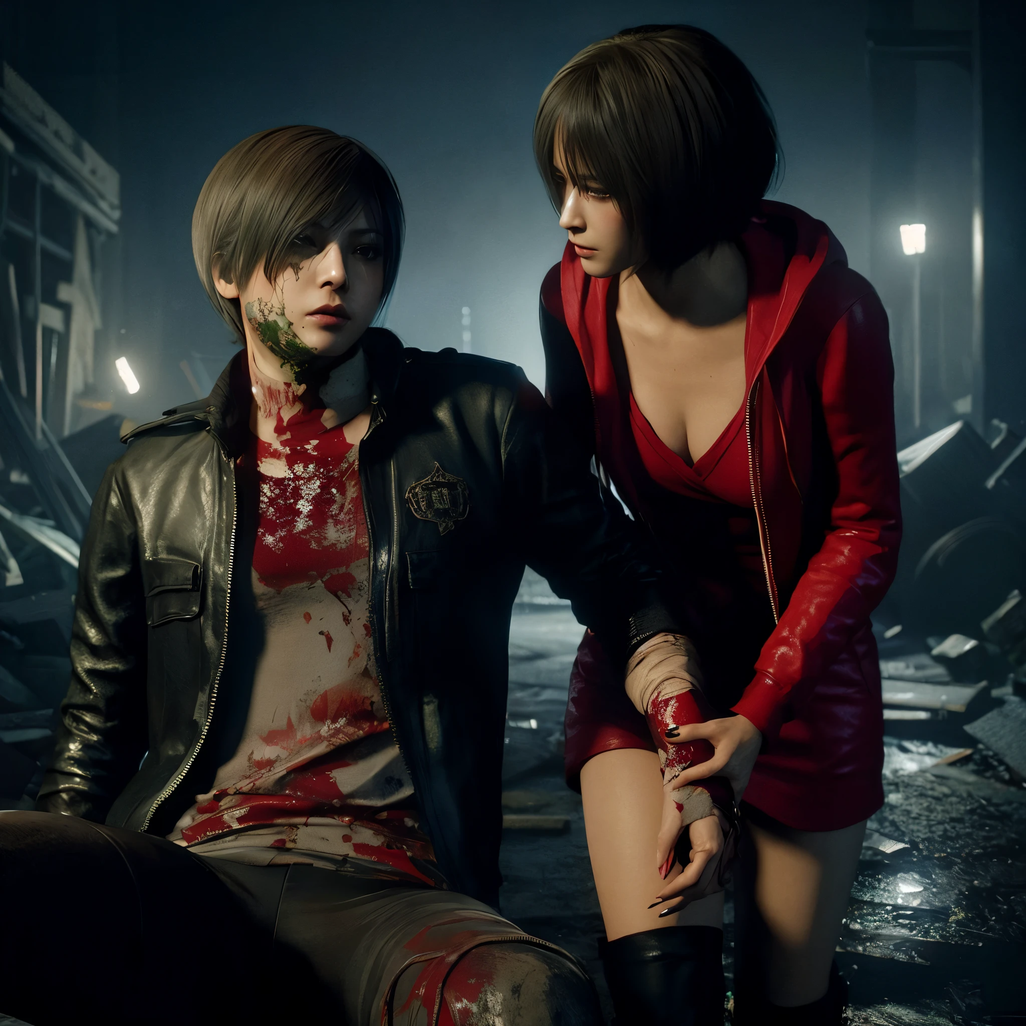 Woman, Ada wong, sad expression, cry over, wearing mini reddress with hoody, black nails polish