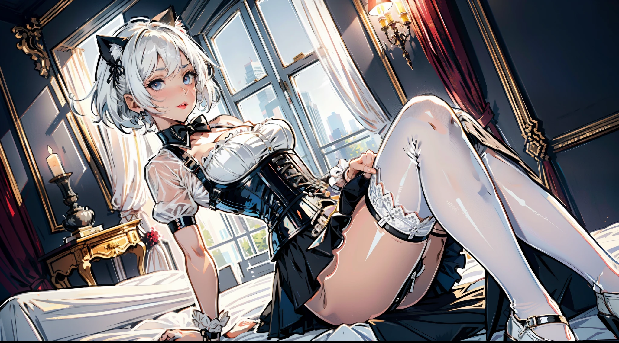 ((masterpiece, best quality)), (1girl), (solo), (female focus), (ahoge, white hair, short hair), black eyes, ((white corset), (buttoned corset)), ((black skirt), (mini skirt)), bedroom background, sitting on the red couch, blushing face, detailed eyes, heavy make up, garter belt, stocking, cat ear,  unity 8K wallpaper），best qualtiy，cinmatic lighting，detailed back ground，beatiful detailed eyes，Bright pupils，（Very fine and beautiful），（Beautiful and detailed eye description），ultra - detailed，tmasterpiece，）），facing at camera，（Full body photo），Show shoes，A high resolution，ultra - detailed），revealing breasts， Bulge，legs are open，Raised sexy，Flushed complexion，Open-mouthed，frontage，full body, wide shot