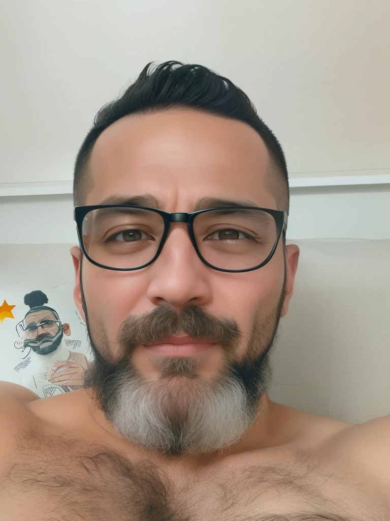 There's a man with glasses and a beard lying in bed, Homem de 4 0 anos, Homens de 45 anos, Homem de 5 0 anos, (38 anos), 38 anos, Carmelo Blandino, gui guimaraes, 3 6 anos, 4 5 I, imagem frontal, icaro carvalho, david rios ferreira