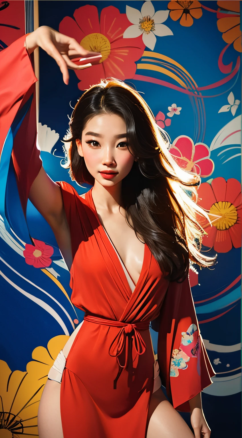 Beautiful face, beautiful body, long legs, big smile, light particles, Create digital artwork in the Pop Art style, Featuring a vibrant and confident young Asian girl,full length flowers vintage kimono dress open (floral bikini), Movie poster theme, Surrounded by vintage flower motifs, tentacles stretching, Vibrant brushstrokes,Emotions should be dynamic, Upper body, Drawing, illustration, Many flowers,