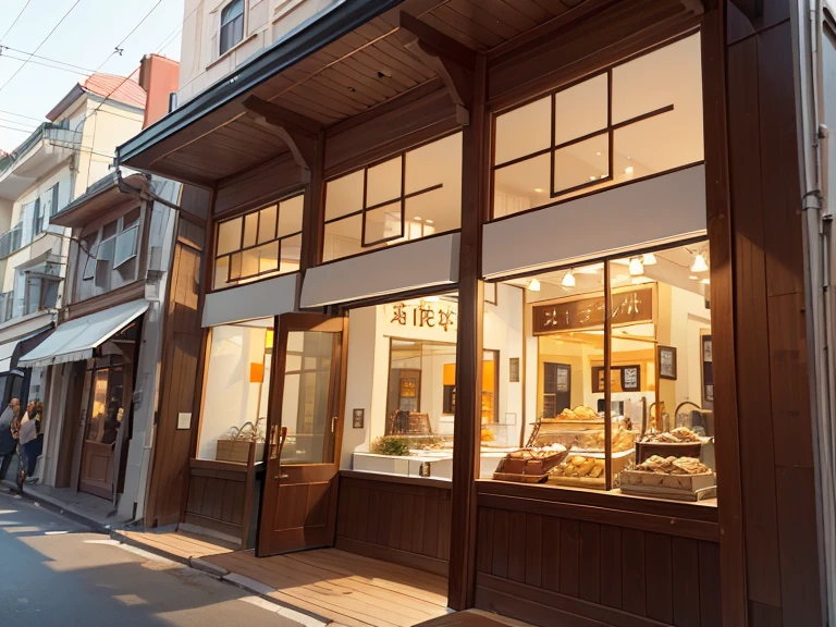 The facade of this bakery is simple and warm。four wooden columns support the entire facade，The soft light yellow or light brown color of the exterior wall gives people a warm feeling。Large glass windows let the sun shine through，Make the interior bright and comfortable。A simple and unique store name or logo on the front，and hanging baking utensils，Add a unique decorative touch。The overall design is simple and attractive，Give guests a relaxed and happy feeling。Generate storefront and interior layout drawings