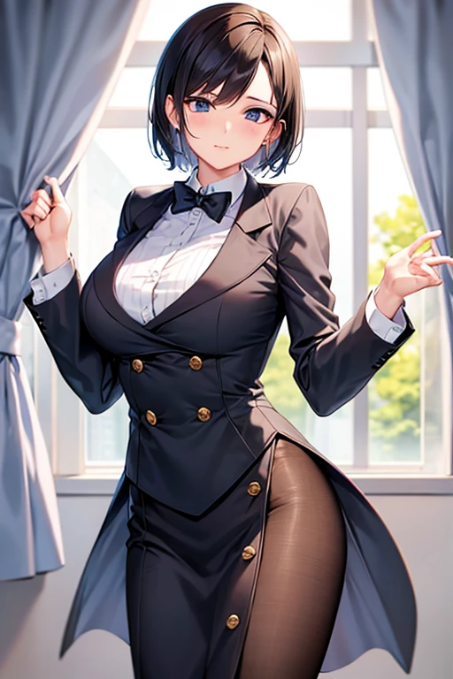 masterpiece, best quality, ultra-detailed, illustration, warm lighting, bright colors, 1girl,solo, short hair, black hair, green eyes, elizabeth_pendragon, blue ribbon, ribbon, jewelry, ahoge, black bunny suit,white stocking, rose,brown hair,mature <lora:elizabethPendragon_1v:0.80>