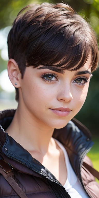 Photo of a 15-year-old European girl, .RAW, beautiful woman, muchas pecas en mejillas ,hermosos ojos azules(Light brown hair pixie haircut),corte de cabello pixie ((retrato)), ((Cara detallada:1.2)), ((Detailed facial features)), (Piel finamente detallada) , abrigo color lila , botas largas abrigadoras , guantes morados , usando pantimedias moradas sexys ,lindo maquillaje, Purple eyeshadows on eyelids ,Un sexy(cool color), humid, humid, Reflectores, (Masutepiece) (proporciones perfectas)(fotos realistas)(La mejor calidad) (Detallado) fotografiado con una EOS R5 de Canon, Lente de 50 mm, f/2.8, NffSW, (8k) (papel tapiz) (cinematic lighting) (Dramatic lighting) (foco nítido) (Enrevesado) , Cheerfully waving to the camera ,mirada seductora, bosque nevado , atardecer