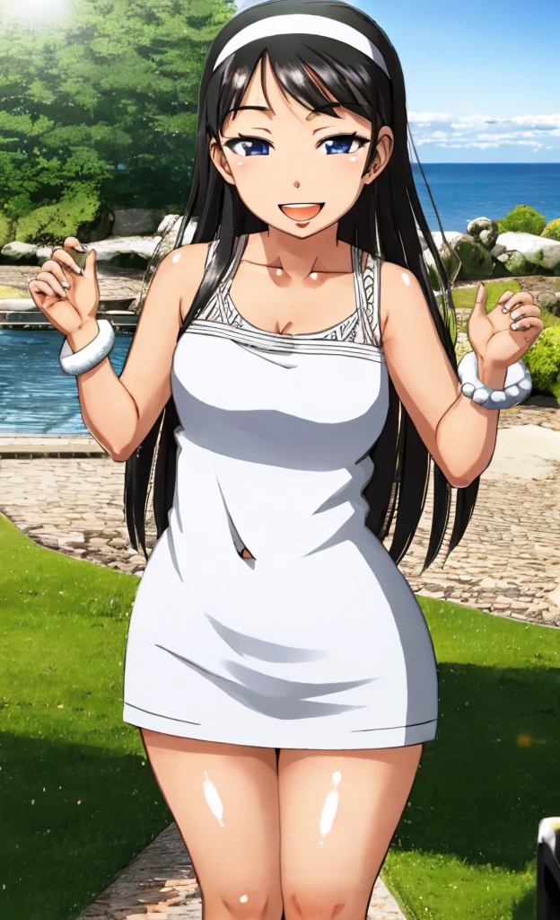 takatsu keita style, (masterpiece, best quality), detailed, 1girl, solo focus, happy smile, open mouth, kumashiro maya, hairband, white dress, bracelet, black thighhighs BREAK shiny glossy skin, milf, mature women, standing, chubby, plump, looking at viewer