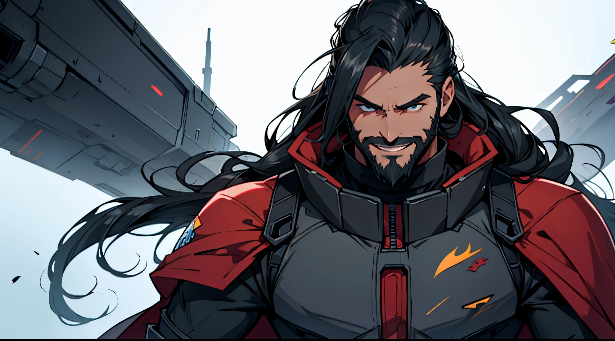 1 Man solo, he has a short black beard and he has long black flowing hair. he is Wearing futuristic clothes with a cape. (Helldivers) Smiling