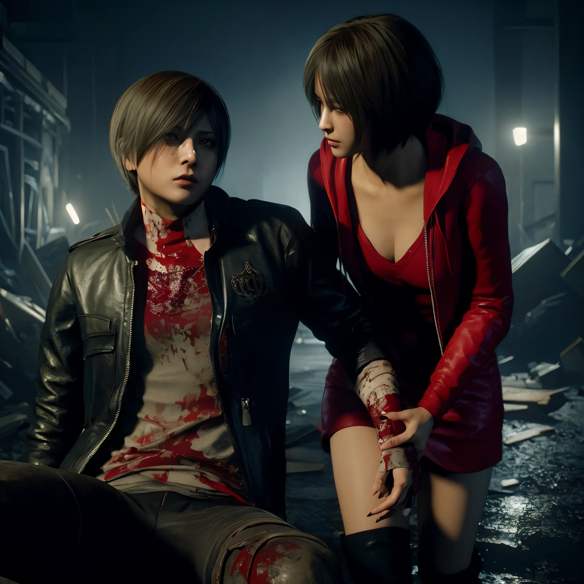 Woman, Ada wong, sad expression, cry over, wearing mini reddress with hoody, black nails polish