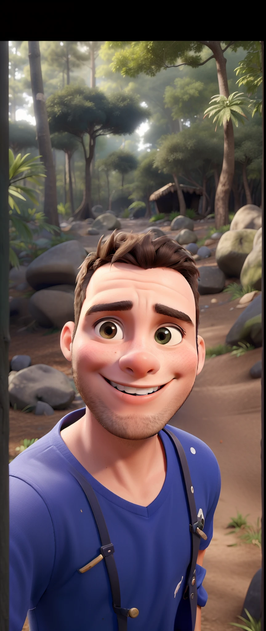 Obra-prima, de melhor qualidade, um jovem, aventureiro, sorridente , Standing in the forest.
