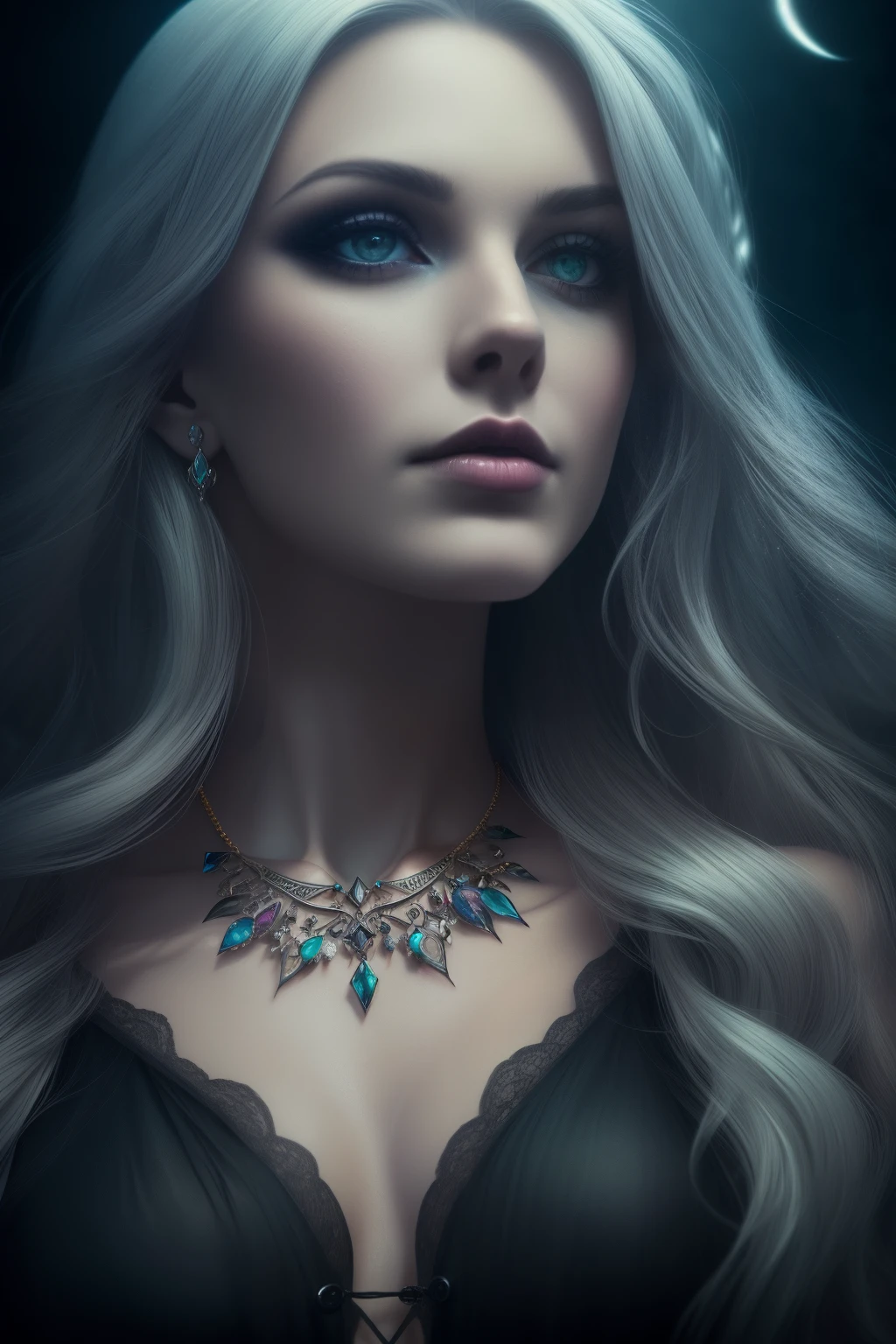 (best quality,4k,8k,highres,masterpiece:1.2),ultra-detailed,(realistic,photorealistic,photo-realistic:1.37),close-up portrait,woman,colourful hair,tattoos,detailed,long wavy hair,piercing eyes,feminine features,colorful makeup,rainbow-gradient hair,edgy style,gothic aesthetic,dark clothes,if the Sandman was a woman,if the Grim Reaper was a woman,silver jewelry,flowing garments,dreamy atmosphere,mysterious expression,ethereal beauty,enchanted background,magical aura,soft focus,golden hour lighting,fantasy-inspired artwork