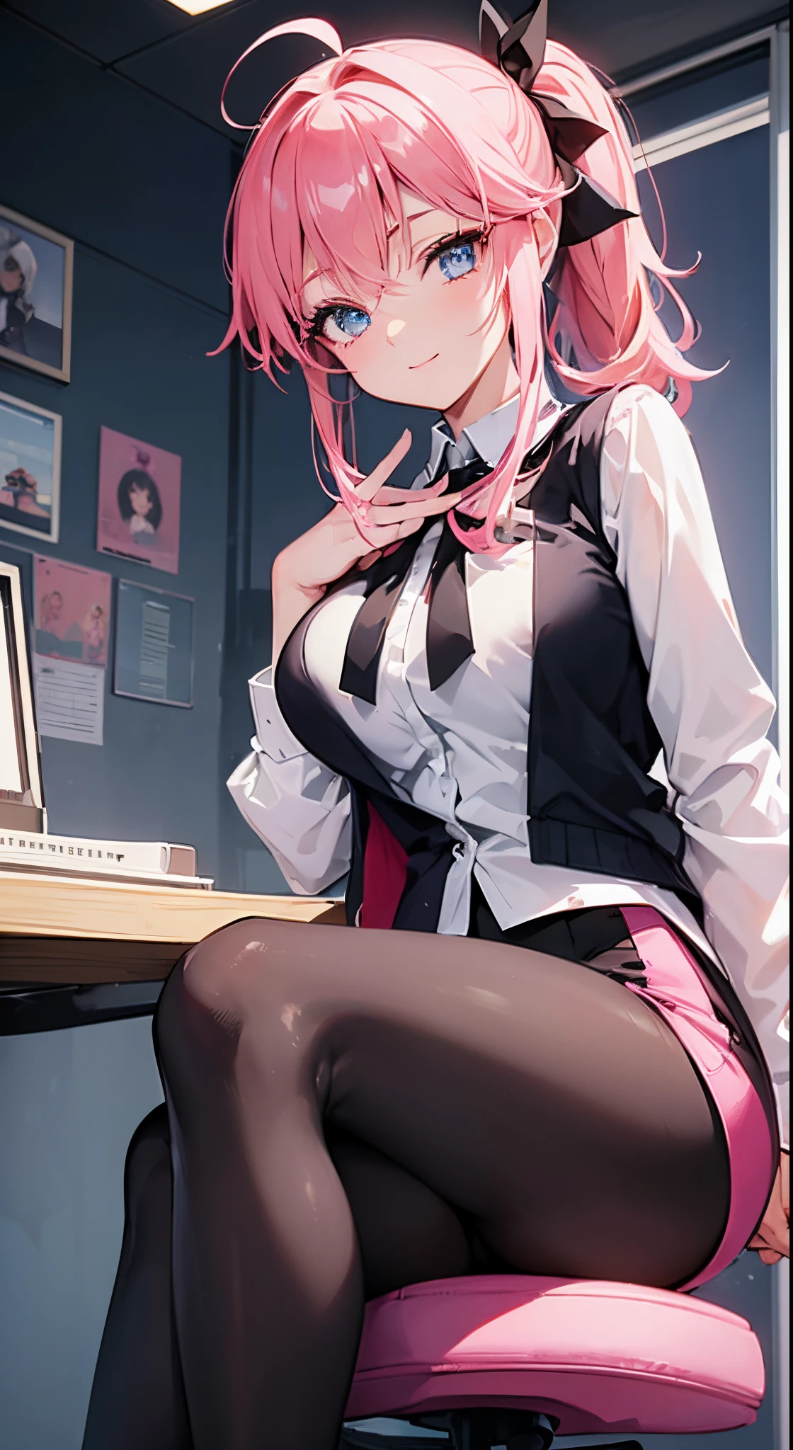 ((Ultra-detailed)), (top-quality),((masutepiece)), ((Super exciting)), ((8K)), ((extremely clear)), ((Very sophisticated)), (Anime quality), (。.3D), (Photography), (wall-paper), (Best Illumination, Best Shadow), Solo, Full body portrait, japanaese girl, a baby face, Pink hair, Short ponytail, large hair ribbon, Ahoge, drooping eyes, Blue eyes, long eyelashes, Thin eyebrows, Beautiful breasts, Detailed face description, Beautiful smile, closes mouth, flash cheek, Clear Body, Clear eyes, Light shines in, gleaming, shiny-glistening, Realistic skin texture, bright office background, Pink cardigan, Black tights、Black Hot Pants, pink lipsticks, sitting on office chair, low angles, Watch Viewers, emphasizing thighs