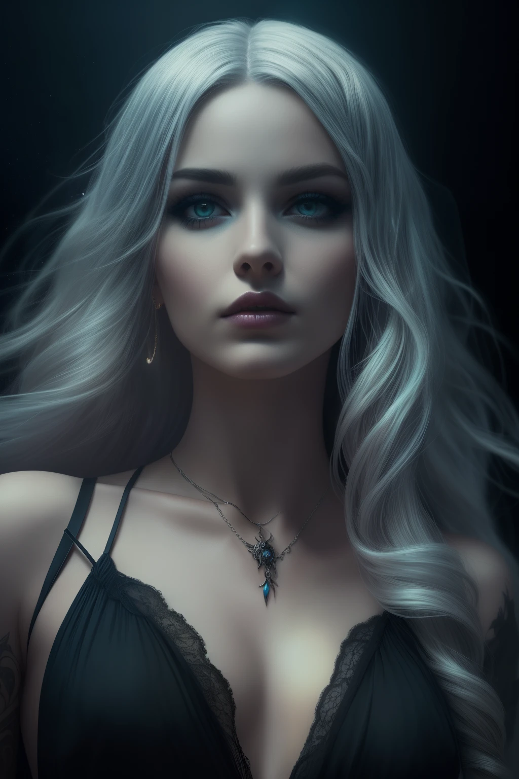 (best quality,4k,8k,highres,masterpiece:1.2),ultra-detailed,(realistic,photorealistic,photo-realistic:1.37),close-up portrait,woman,colourful hair,tattoos,detailed,long wavy hair,piercing eyes,feminine features,colorful makeup,rainbow-gradient hair,edgy style,gothic aesthetic,dark clothes,if the Sandman was a woman,if the Grim Reaper was a woman,silver jewelry,flowing garments,dreamy atmosphere,mysterious expression,ethereal beauty,enchanted background,magical aura,soft focus,golden hour lighting,fantasy-inspired artwork