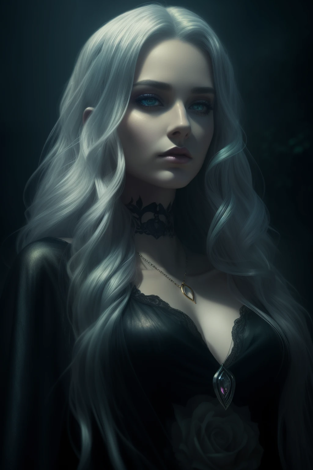 (best quality,4k,8k,highres,masterpiece:1.2),ultra-detailed,(realistic,photorealistic,photo-realistic:1.37),close-up portrait,woman,colourful hair,tattoos,detailed,long wavy hair,piercing eyes,feminine features,colorful makeup,rainbow-gradient hair,edgy style,gothic aesthetic,dark clothes,if the Sandman was a woman,if the Grim Reaper was a woman,silver jewelry,flowing garments,dreamy atmosphere,mysterious expression,ethereal beauty,enchanted background,magical aura,soft focus,golden hour lighting,fantasy-inspired artwork