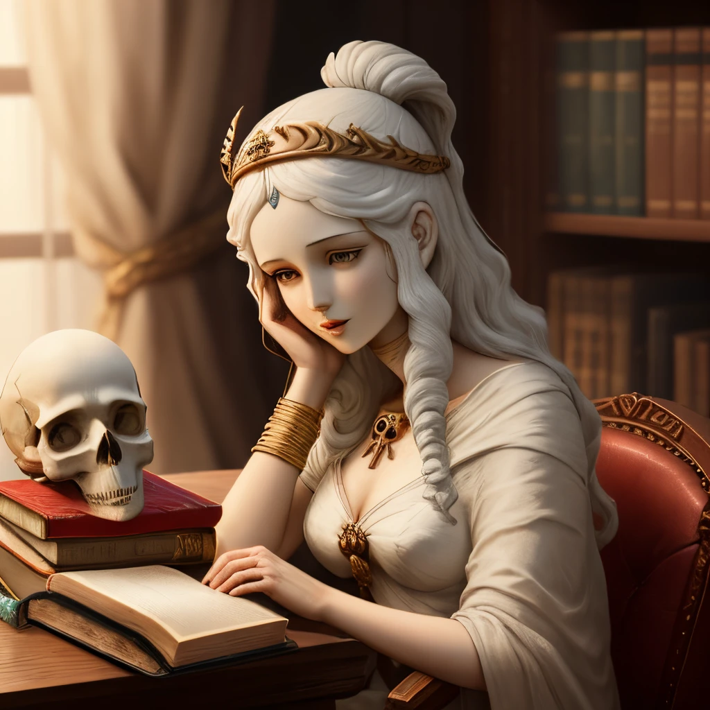 Themis with a bible in her right hand and a skull in her left hand