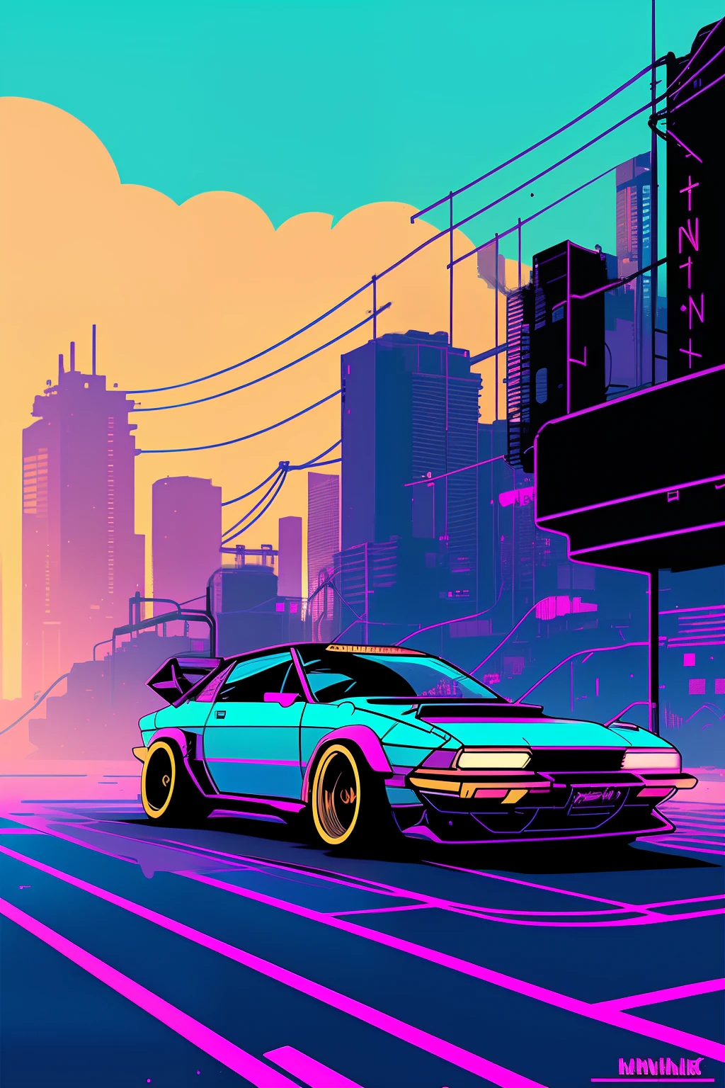 (nvinkpunk:1.2) (estilo snthwve:0.8) corveta, onda de luz, sun sunset, intrincado, altamente detalhado, um carro Subaru azul