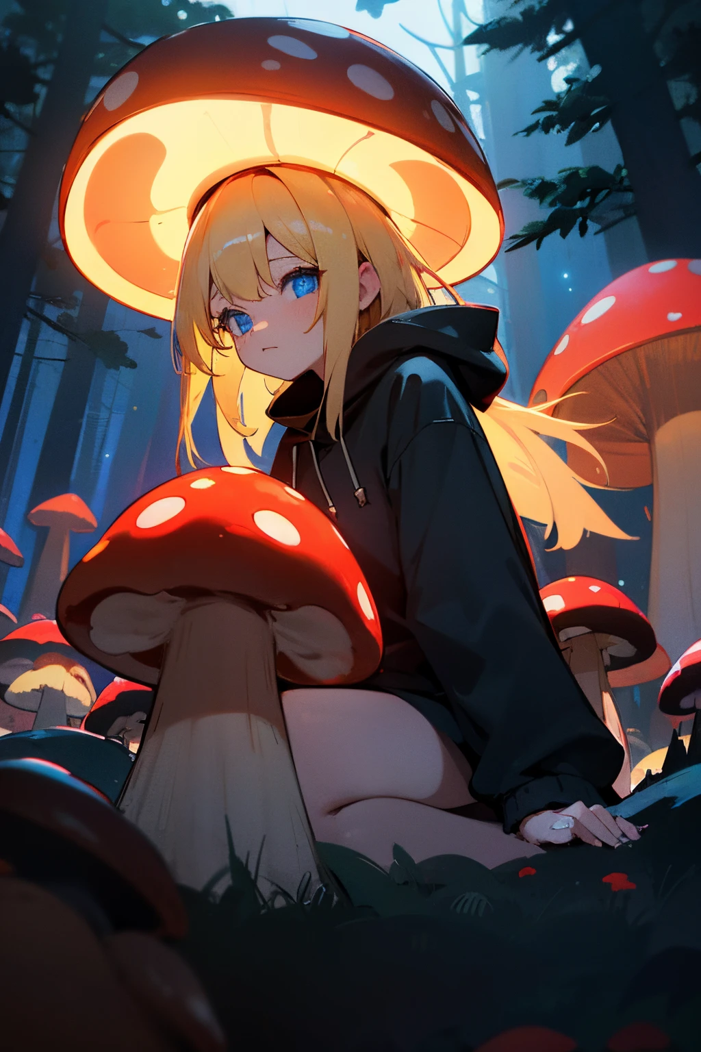 1girl,solo, blonde hair, red mushroom hat, mushroom girl, blue eyes,4k,8k,absurdres, masterpiece,black hoodie, sitting in forest, cinematic lighting,nighttime, stars,glowing mushrooms,night, dark forest,