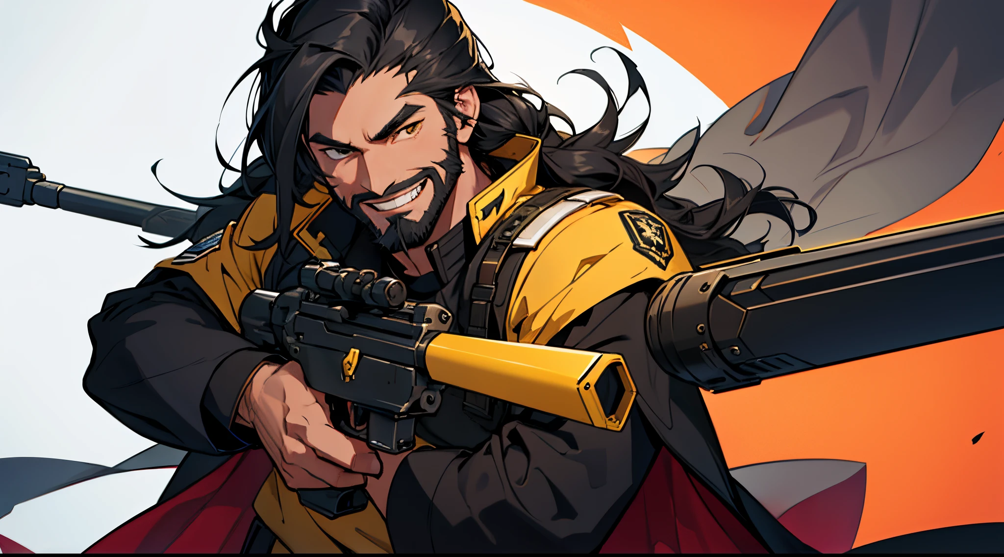 1 Man solo, he has a short black beard and he has long black flowing hair. he is Wearing futuristic clothes with a cape. (Helldivers) Holding a rifle. shooting a gun. smiling