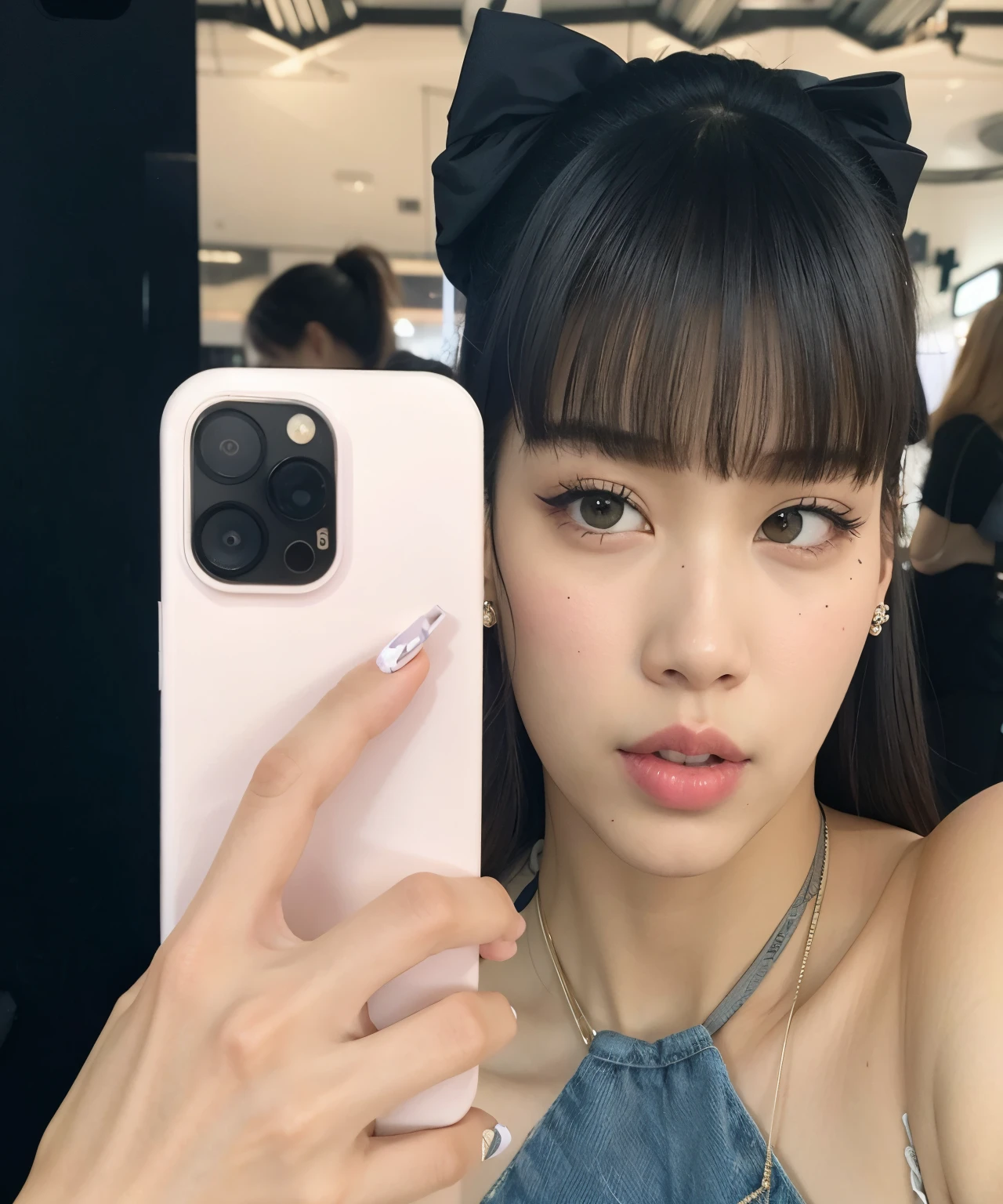 There's a woman taking a selfie with her phone, jossi do blackpink, Lalisa Manobal, Lalisa Manoban do Blackpink, Parque Roseanne do Blackpink, linda Delphine, Retrato de Jossi de Blackpink, iphone selfie, Jisoo do Blackpink, jisoo do blackpink, Ulzzang, Jinyoung Canela, Ela tem cabelo preto com franja, jennie blackpink