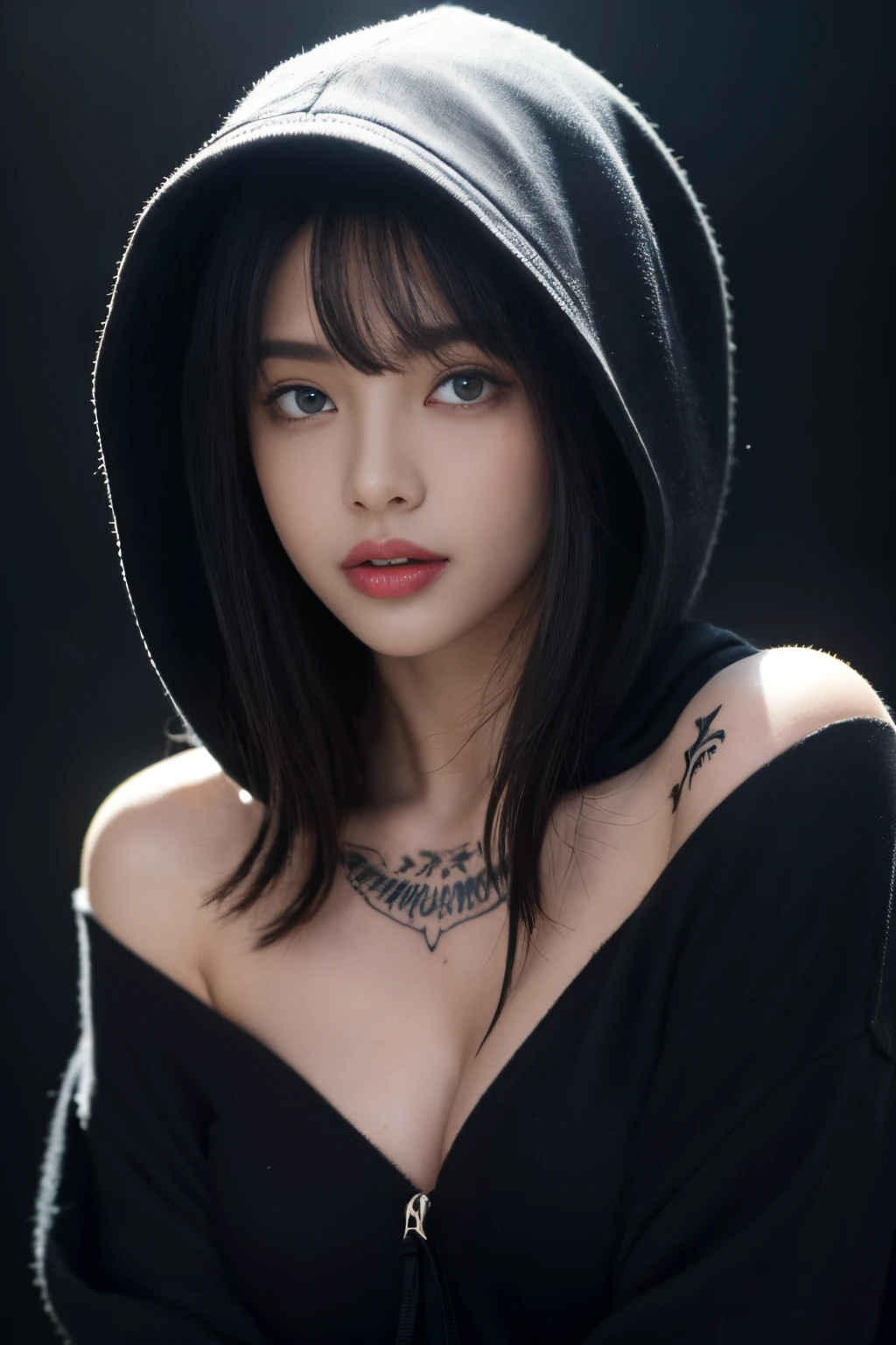 ultra high res, masterpiece,  best quality, perfect glossy shiny skins, perfect lighting, detailed lighting, dramatic shadows, ray tracing, black sweater, looking at viewer, off shoulder, Big breasts, Exposed cleavage, blue Eyes, sharp face, sharp eyes, long bangs, short cut hair, nsfw, , ((Dark background)), oversized hoodie, Wearing a black hoodie, Wearing an ugly black hood, wet sweaty, soaking wet, (( tattoos on the arms)) ,