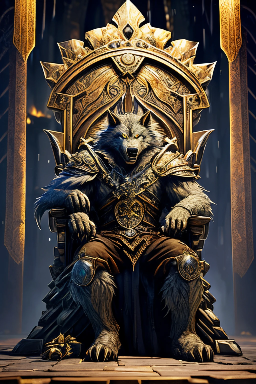 lobisomem, sentado em um trono de pedra, corpo totalmente coberto por pelos prateados, Arte premiada, The Stone Throne contains Norse runes, ele tem peludo prateado, ele usa uma armadura metalizada, armadura extremamente detalhada, armadura com espinhos, The illumination of the moon is present, the ambient lighting is reddish, The werewolf is looking aggressive, The image is for a game avatar