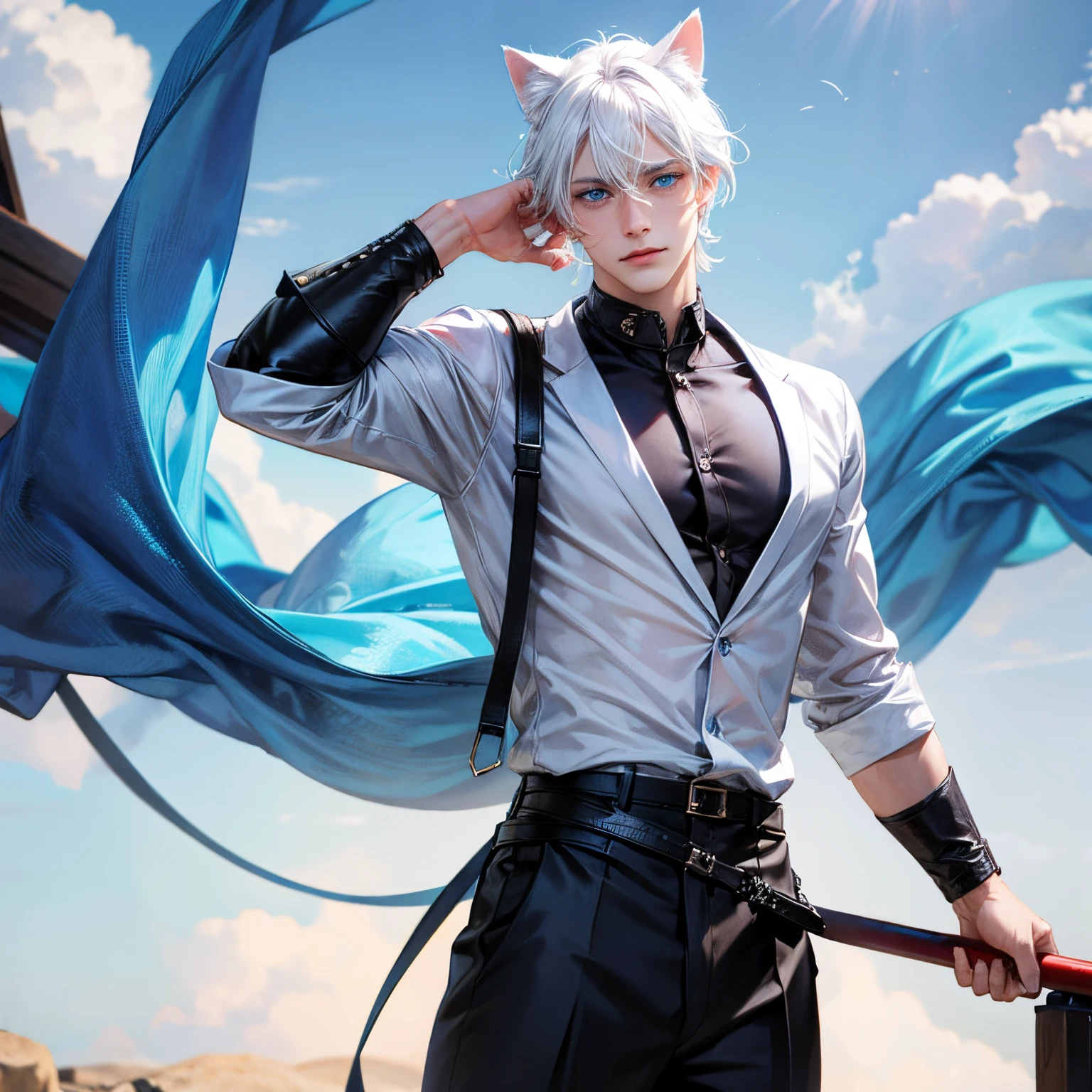 Man, male, young, blue eyes, cat ears, white hair, neko