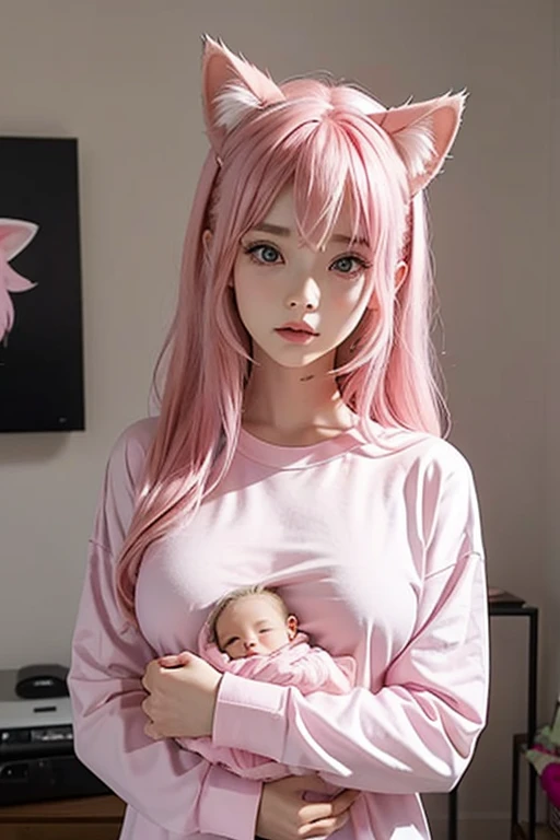 photo depicting moment of love between mother and  in bed, naked 17 yen, long pink hair with cat ears, big breasts with baby human lickier nipple,long pink hair, her little baby 3 year, e blanket