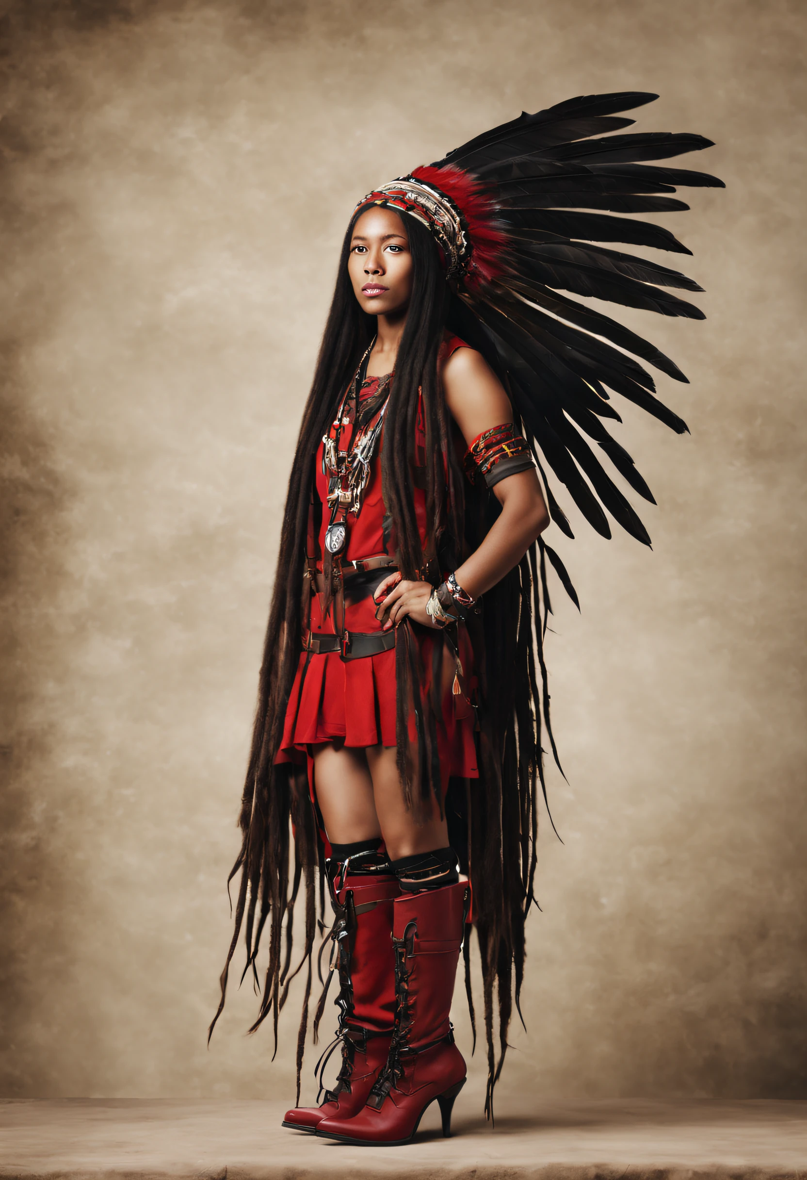 illusion of a indigenous girl in 100 years later, with a red black harness on top, long dread hair with feathers, high heels boots, accessories on her arm