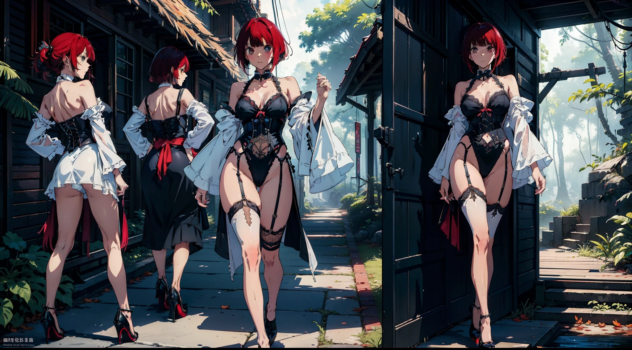 1female，15yo，Slim，熟妇，medium cleavage breasts Thin waist，slenderlegs，Pornographic exposure， 独奏，Arima Kana, star pupils, (black corset, white robe, stocking, red high heels), looking at viewer,（Background with：ln the forest，the rainforest，in summer，sexy pose，Sweat profusely，drenched all over the body，seen from the front， hair straight， mostly cloudy sky，（（（tmasterpiece），（Very detailed CG unity 8K wallpaper），best qualtiy，cinmatic lighting，detailed back ground，beatiful detailed eyes，Bright pupils，（Very fine and beautiful），（Beautiful and detailed eye description），ultra - detailed，tmasterpiece，）），facing at camera，（Full body photo），Show shoes，A high resolution，ultra - detailed），revealing breasts， Bulge，legs are open，Raised sexy，Flushed complexion，Open-mouthed，frontage，full body,