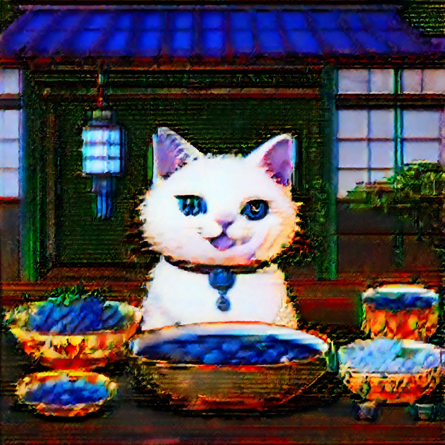 Think of an advertisement set in Japan in the 1980s.. The scene is bright and colorful, Reflects the vibrant culture of the time. In the center, Cute cat with white fluffy hair,  Maintains smooth curry, Showcasing modern design. the cat has a big smile, He stares at the curry as if to invite the viewer to the excitement of this new delicious smell.. It appears at the top with Saniwa Curry in a retro Japanese typeface, Promote your brand and the innovative deliciousness of your curry. The background is an old Japanese house setting.,