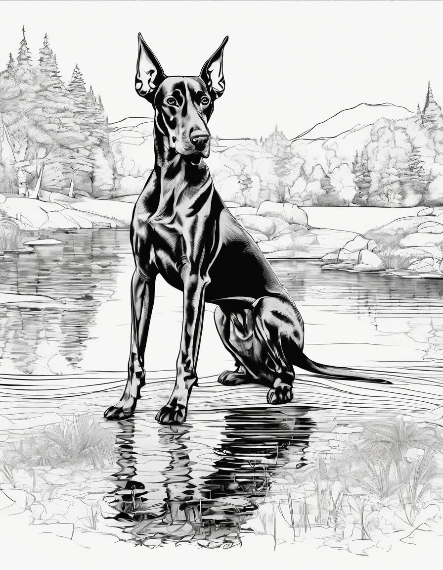 Doberman pinscher standing by a lake, for coloring page, high quality, black and white, no shading