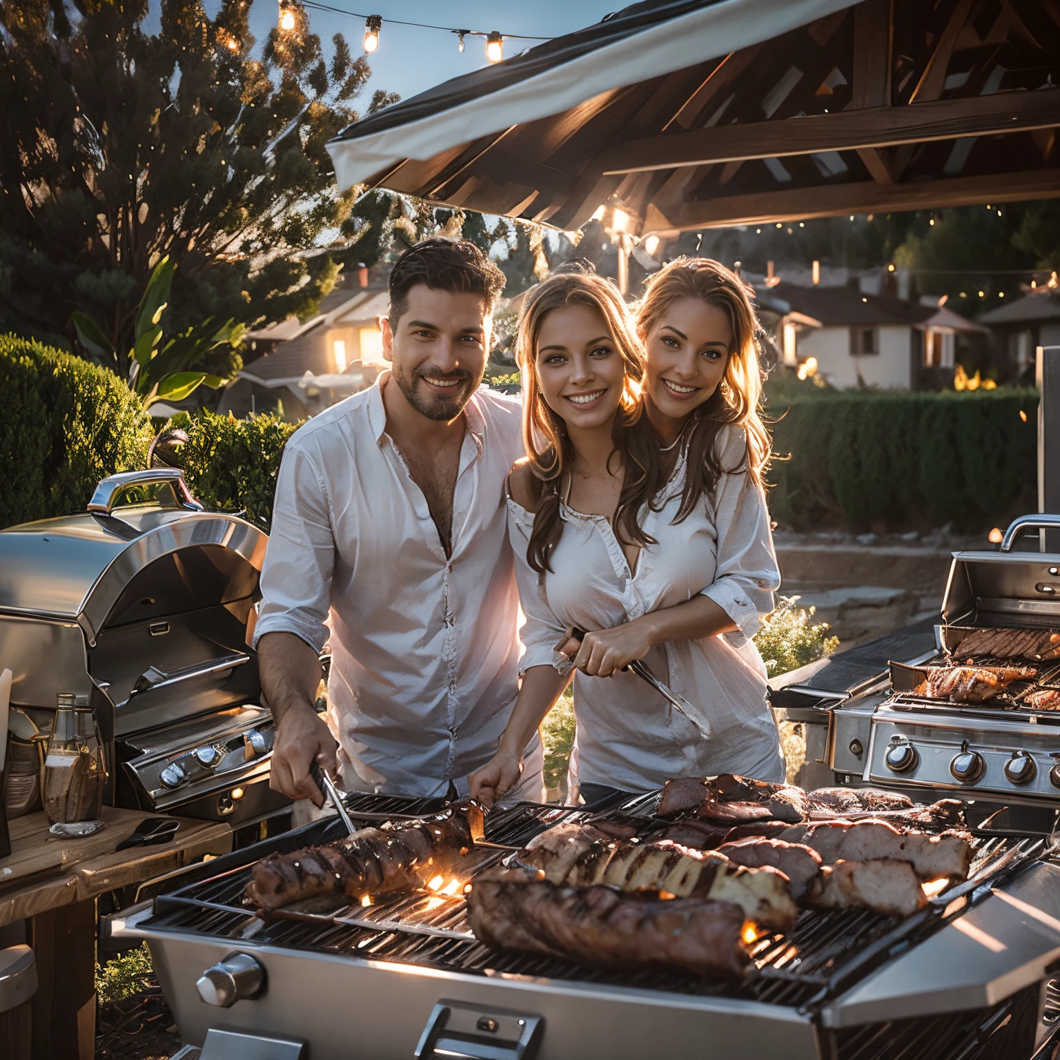 (((2heads))), husband and wife side by side, grilling some meats on an outdoor grill in the backyard of a typical American suburban house, italian, swedish