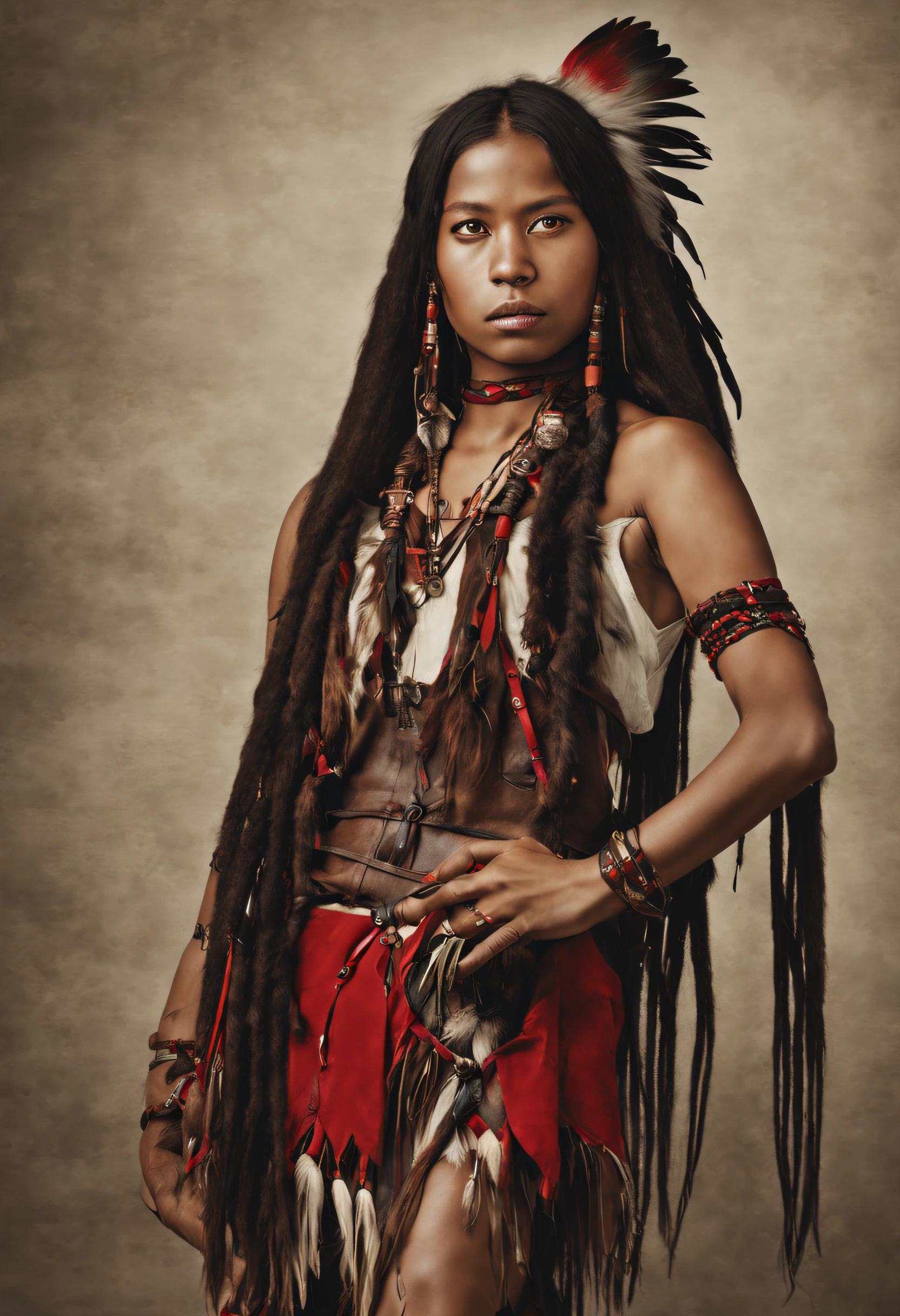 illusion of a indigenous girl in 100 years later, with a red black harness on top, long dread hair with feathers, high heels boots, accessories on her arm