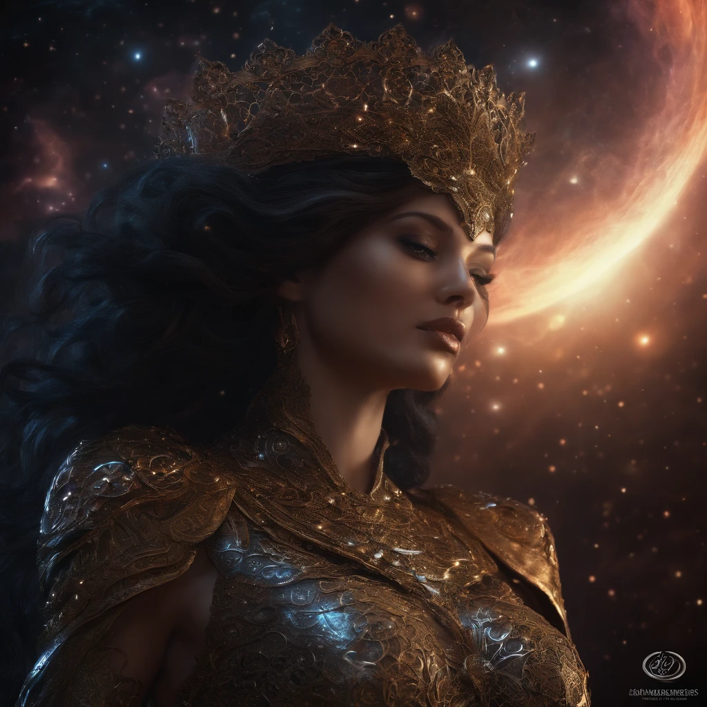 3d perspective Metaverse Woman body, of eternity artifact  Holly souls item  a highly-detailed dark fantasy masterpiece illustration by seb mckinnon; deep colors, intricate detail, backlight,  trending on artstation, volumetric light , cosmos style, stars clouds, black holes,