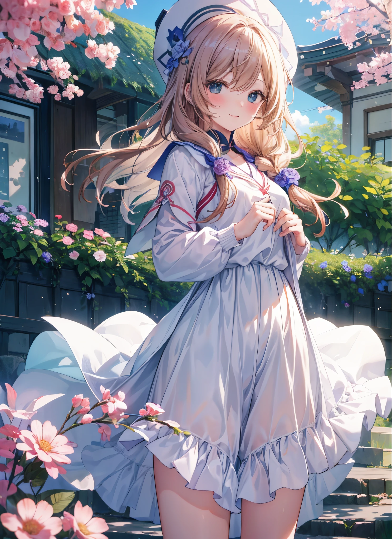 An ultra-high picture quality、​masterpiece、super precision, red blush, Highest quality、独奏、A smile, red blush, plein air, Standing、 simple background, blue open sky, shorth hair, Beautiful flowers々Park in full bloom, looking at the viewers, Cute white sailor suit、Dress correctly、best pictures, masutepiece, Photorealistic,Absolute references 、Soft light、Cowboy Shot、front-facing view, Facing the audience,[3D images:1.25],[[Attractive eyes,A detailed eye、radiant eyes, Colorful eyes:1.25]]、Long skirt